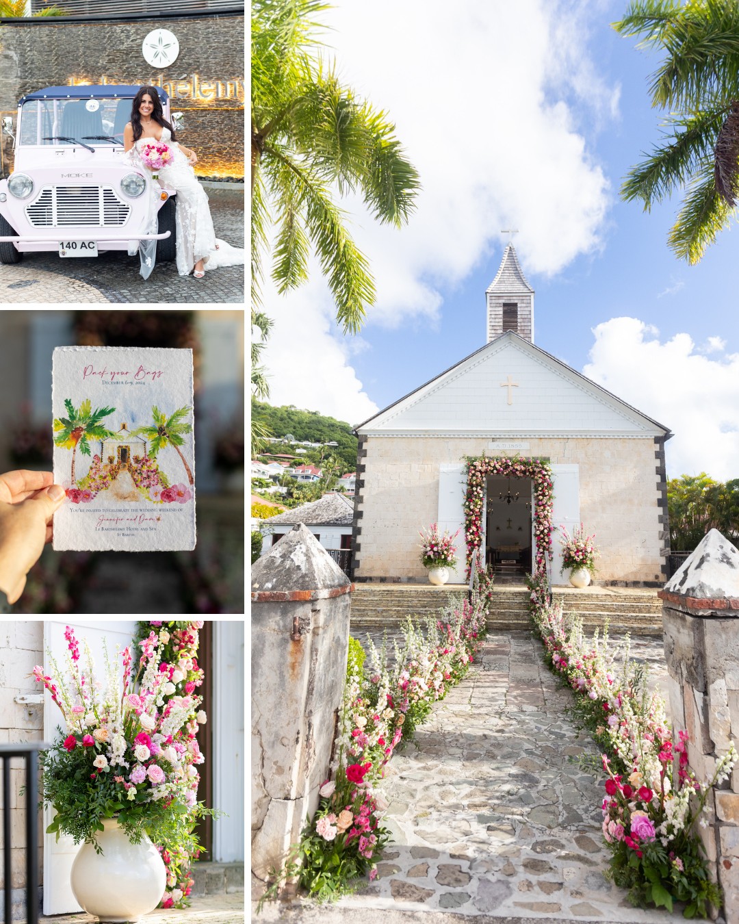 A collage shows a bride with a white car, a tropical wedding invitation, floral arrangements, and a chapel decorated with pink and white flowers under blue skies.