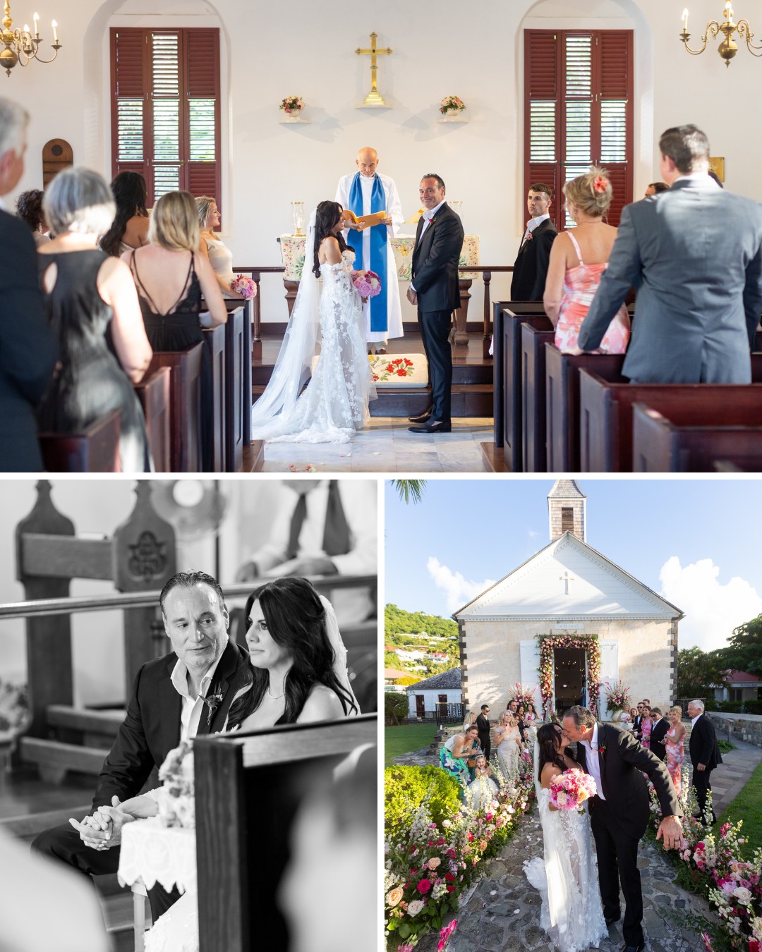 A couple gets married in a church; guests watch the ceremony, the bride and groom sit together, and they exit the church surrounded by flowers and guests.
