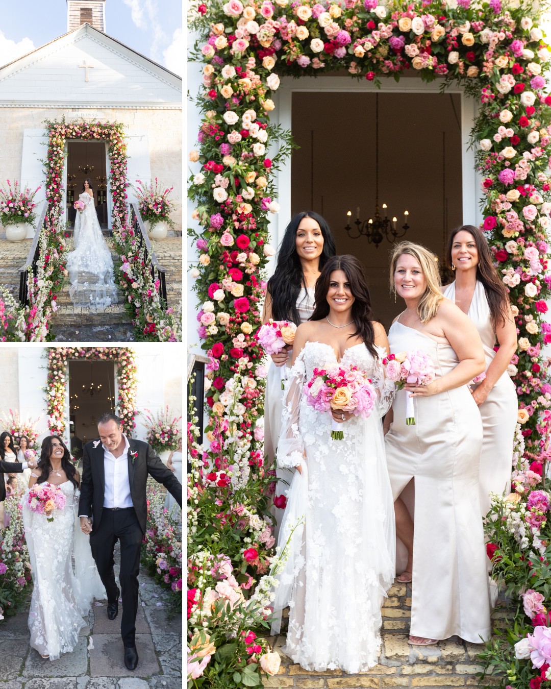 A bride in a white gown stands with bridesmaids in light dresses in front of a flower-covered entrance; newlyweds walk down the steps smiling.