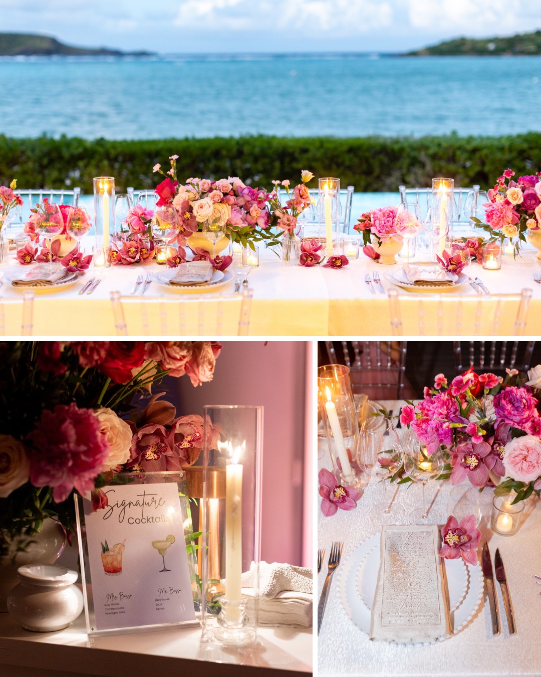 A decorated outdoor dining table overlooks the ocean, adorned with pink and red flowers, candles, and elegant place settings.