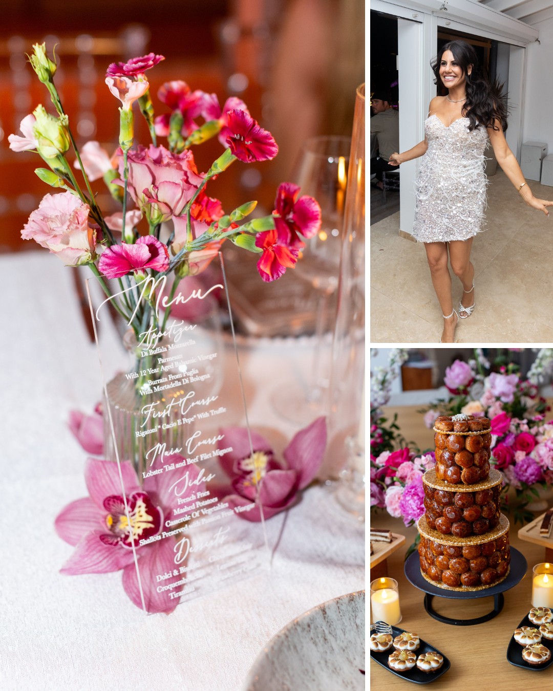 A collage shows a floral table setting with a clear menu, a woman in a silver dress, and a dessert table with a croquembouche and cupcakes.