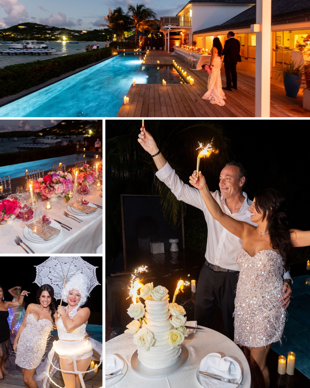 A collage of a poolside evening celebration featuring a decorated dinner table, a couple holding sparklers, a white cake, and guests dancing under festive lighting.