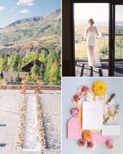 A mountain view with autumn trees, a bride in a lace robe on a balcony, a floral-decorated outdoor aisle, and pink-yellow wedding stationery with flowers.