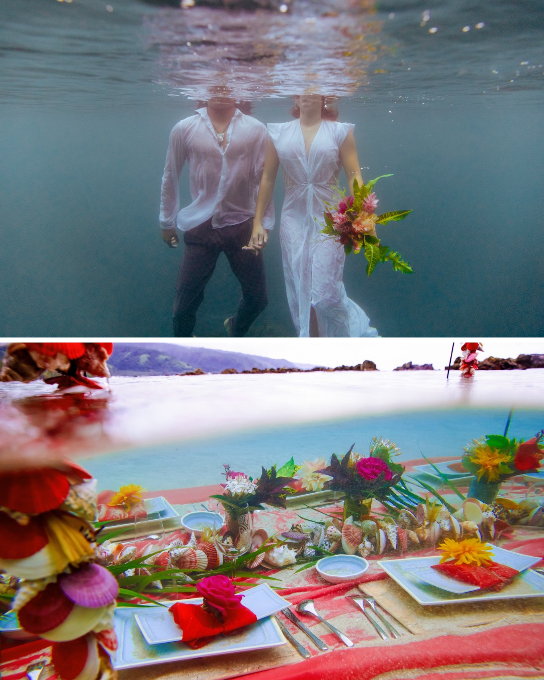 Top: Couple in wedding clothes holding hands underwater. Bottom: Colorful flowers and table setting partially submerged in water.